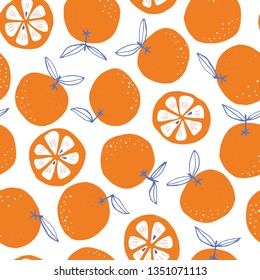 Whimsical colorful hand-drawn abstract doodle oranges vector seamless pattern on white background. Summer Fruits