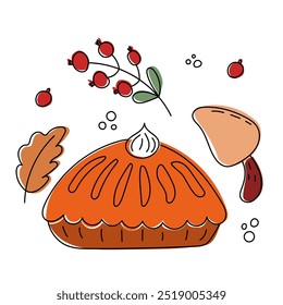 Whimsical and colorful illustration featuring an autumn pie artfully arranged with leaves and berries