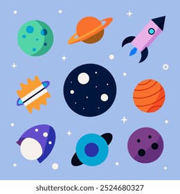 A whimsical and colorful illustration of a solar system with planets, stars, moons, and a rocket, perfect for adding a touch of fun to your designs. This playful graphic is ideal for kids' products.