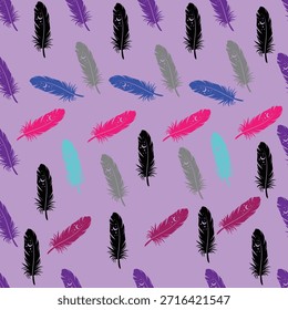 A whimsical and colorful pattern of feathers scattered across a lavender backdrop. The design combines different feather shapes and colors, making it ideal for textiles, wallpapers, or digital backgrounds.