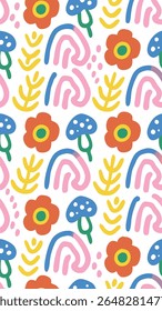 A whimsical and colorful seamless pattern featuring abstract shapes, stylized flowers, mushrooms, and playful wavy lines in a retro-inspired palette on a white background.