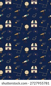 Um caprichoso e colorido padrão contínuo com ícones desenhados à mão relacionados à exploração espacial e astronomia, perfeito para projetos educacionais ou criativos.