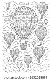 Whimsical coloring page with decorative hot air balloons, clouds, stars, and a smiling sun. Fun sky-themed illustration for kids.