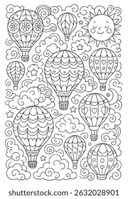 Whimsical coloring page with decorative hot air balloons, clouds, stars, and a smiling sun. Fun sky-themed illustration for kids.