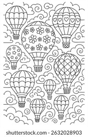 Whimsical coloring page with decorative hot air balloons, clouds, stars, and a smiling sun. Fun sky-themed illustration for kids.