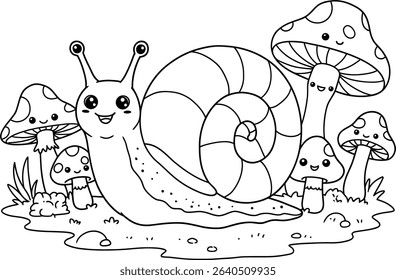 A whimsical coloring page featuring an adorable, happy snail on a journey through a magical forest, surrounded by a family of cute, smiling mushroom friends as gentle autumn leaves fall from above.