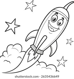 A whimsical coloring page featuring a chili pepper designed as a rocket ship, ready for blastoff. Great for kids and adults.