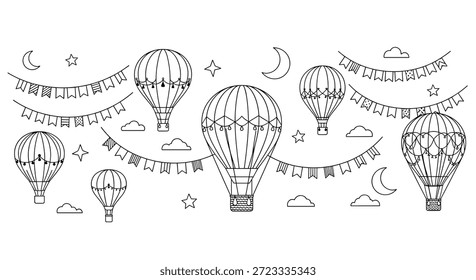 Whimsical coloring page featuring decorated hot air balloons floating among stars, clouds, and festive flags in the sky.