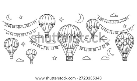 Whimsical coloring page featuring decorated hot air balloons floating among stars, clouds, and festive flags in the sky.