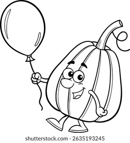 A whimsical coloring page featuring a squash character joyfully holding a balloon. This illustration is suitable for children's activities and creative projects.