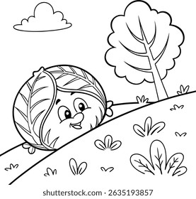 A whimsical coloring page illustration featuring a cabbage merrily rolling down a grassy hill. Suitable for children's activities and creative projects.