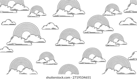 Whimsical coloring page pattern showing numerous fluffy clouds and double rainbows as a repetitive line art design for kids relaxation.