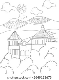Página de coloração extravagante com uma casa pitoresca, montanhas cênicas, sol e nuvens � ideal para atividades infantis e projetos de arte.