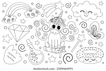 A whimsical coloring page set featuring magical elements like unicorns, rainbows, and cute objects. Perfect for kids' activities, DIY projects, and decor, with strong commercial potential for children