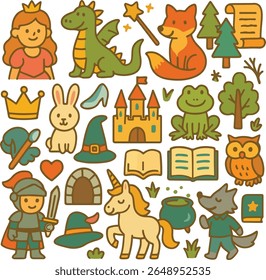 Um conjunto de ícones estilo doodle caprichoso e colorido com elementos de conto de fadas, como princesas, dragões, castelos, feiticeiros, unicórnios, florestas mágicas, animais falantes, livros de feitiços e coroas.