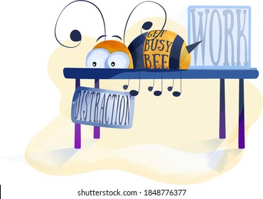 Whimsical concept for how to stop procrastinating. Vector. The busy bee is not so busy, but should be. Get the distractions like your phone away, so you could be more efficient. 