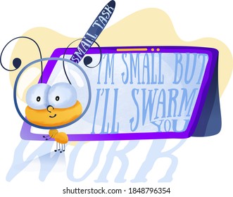 Whimsical concept for a tip how to stop procrastinating. Vector. The ant is small but it can swarm you – do your small tasks first so that they won’t pile up and “swarm” you. 