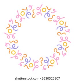 Whimsical Confetti Party Round Frame.Fun celebratory circle with curly, quirky doodle line elements in festive rainbow palette. Vector illustration