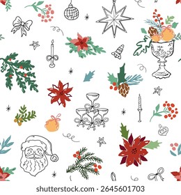 Whimsical coquette Christmas seamless pattern. Vector doodle hand drawn Xmas elements, Santa fir branches, bows, glass of vine on white background. Winter holiday wallpaper, print, textile design.