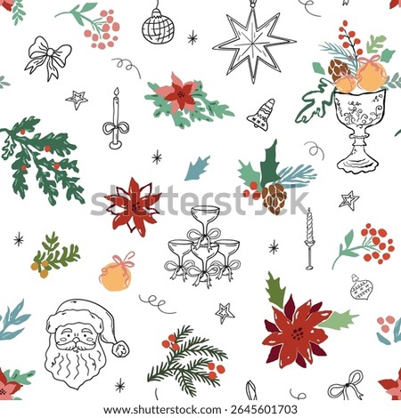 Whimsical coquette Christmas seamless pattern. Vector doodle hand drawn Xmas elements, Santa fir branches, bows, glass of vine on white background. Winter holiday wallpaper, print, textile design.