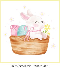 Whimsical Coquette Easter bunny with ribbon bow in basket egg watercolor adorable animal Hand Drawn