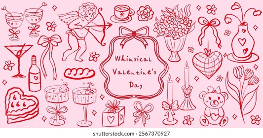 Whimsical coquette food and wine red and pink background. La dolce vita concept. Design elements for Valentines Day greeting cards, wedding invitations, birthday. Vector illustration