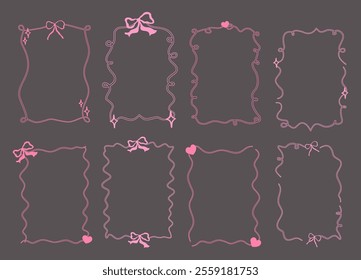 Whimsical coquette frame with bow and curly garland. Whimsical border pink coquette style. Vector illustration