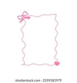 Whimsical coquette frame with bow and curly garland. Whimsical border pink coquette style. Vector illustration