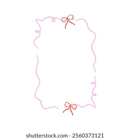 Whimsical coquette frame with bow and curly garland. Whimsical border pink coquette style. Vector illustration