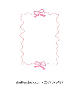 Whimsical coquette frame with bow and curly garland. Whimsical border pink coquette style. Vector illustration