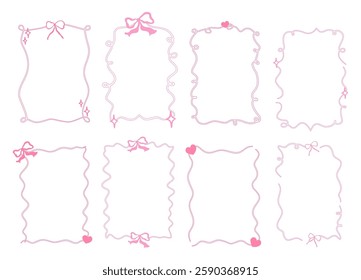 Whimsical coquette frame with bow and curly garland. Whimsical border pink coquette style. Vector illustration