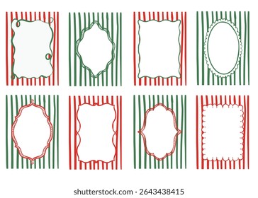 Whimsical coquette frame template background in green and red stripes. Ideal for festive cards, posters, banner. Hand drawn scribble, wavy, scalloped borders. 