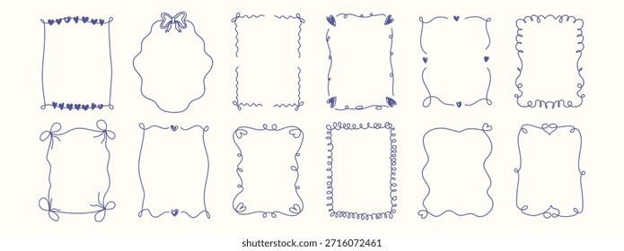 Whimsical coquette frames and doodle ribbon borders. Vintage French style hand drawn line art for wedding, birthday, and Valentine’s Day invitations. Romantic vector decorative elements set.