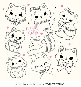 Whimsical Coquette Girly Cat with Bow, Hand Drawn Doodle Outline Set