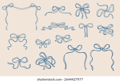 Whimsical Coquette Hand-Drawn Decorative Bow Collection - Vector Line Art Illustrations. Retro style.