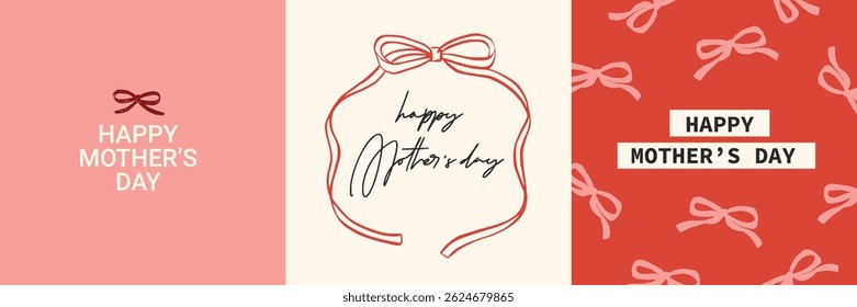 Whimsical and coquette Mother's Day greeting card with elegant bow illustrations and modern typography, ideal for stylish greetings and festive wishes.