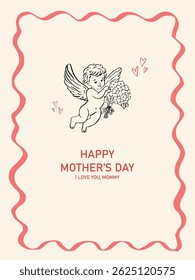 Coquette fantástico cartão de saudação do Dia das Mães com ilustração de anjo, delicados acentos de fita e um design alegre e elegante