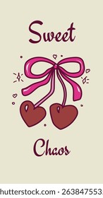 Whimsical Coquette Pink Bow Hand Drawn Illustration Doodle Red Heart Cherry Mobile Phone Wallpaper Vector Design