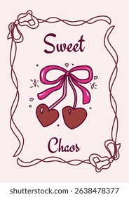 Whimsical Coquette Pink Bow Hand Drawn Illustration Doodle Red Heart Cherry Poster Printable Template Vector Design