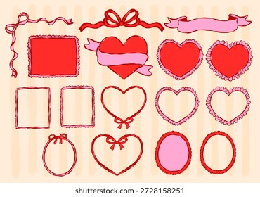 Conjunto de Elementos dibujados a mano con forma de arco de cinta de coqueta caprichosa con corazón, rectángulo, forma ovalada en curvas lúdicas de línea audaz.