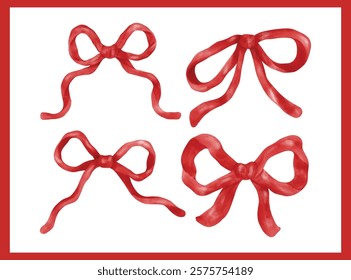 Whimsical Coquette Ribbon Bow Red watercolor Wavy Aesthetic set