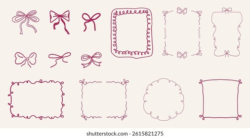 Whimsical coquette ribbon frame, hand drawn line ornament, border y2k romantic retro design element. Wavy curved vintage decor.