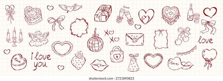 Whimsical coquette Set von doodle Elemente Valentinstag, Hochzeitseinladung, Geburtstagskarte. Romantische Vektorgrafik Cupid, Herz, Bogen, süß zum Verpacken, Postkarte, Aufkleber, Scrapbooking, Stoffdruck.