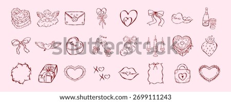 Whimsical coquette Set of doodle elements for Valentines day, wedding invitation, birthday card. Romantic vector cupid, heart, bow, sweet for packaging, postcard, sticker, scrapbooking, textile print.