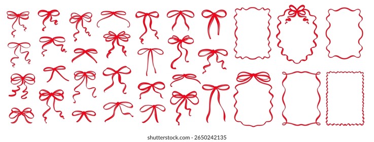 Whimsical coquette style set with red ribbon bows, wavy frames, hand-drawn borders and vintage doodles. Cute feminine vector elements for invitations, greeting cards, holiday or birthday design.