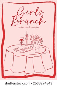 Whimsical coquette trendy hand drawn girls brunch card. Vintage amore angel quirky. Vector outline illustration