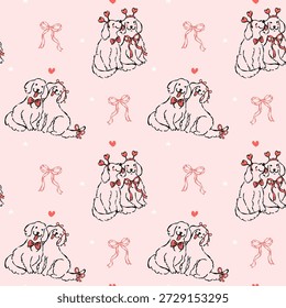 Whimsical Coquette Valentine nahtloses Muster Golden Retriever Hund Paar Umriss Linie Kunst handgezeichnet 