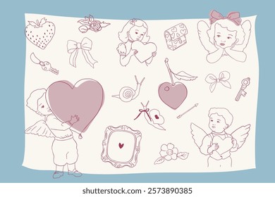 whimsical coquette Valentines day line art illustrations. Vector collection of outline Angels, Cupids, Cute Boys and Girls, Bows, Cherry, keys, Hearts, snails, flowes art. Sublimation design