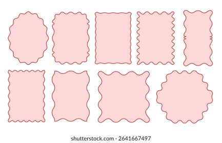 Whimsical Coquette wavy edge stickers rectangle, oval and circle shapes. Vector jagged geometric designs. Abstract elements perfect for frames, stamps, templates, promotional design