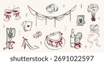 Whimsical coquette wedding elements. Vintage cute symbols with ribbon and bow in simple crayon sketch style. Trendy art for Valentine day and bachelorette invitations. Doodle vector illustration